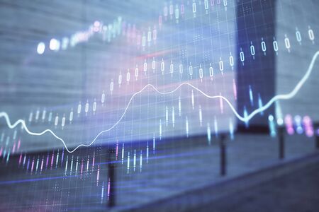 Double exposure of stock market graph on empty exterior background. Concept of analysisの写真素材