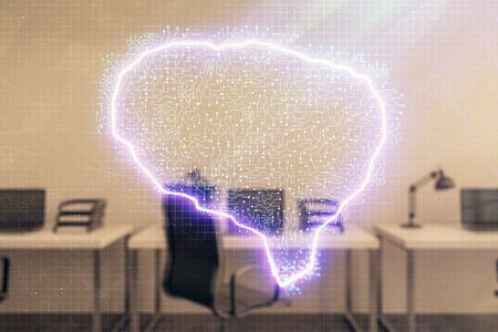 Human brain drawing with office interior on background. Double exposure. Concept of innovation.の写真素材
