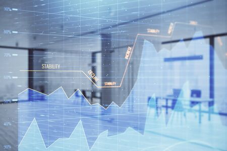 Stock and bond market graph with trading desk bank office interior on background. Multi exposure. Concept of financial analysisの写真素材