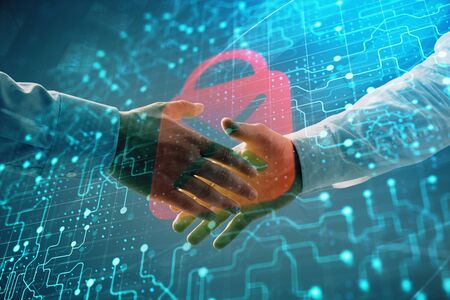 Multi exposure of lock icon drawing on abstract background with two men handshake. Concept of data...