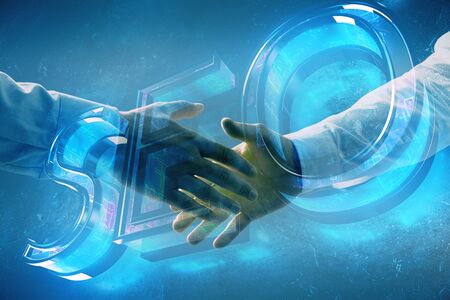 Multi exposure of seo icon drawing on abstract background with two men handshake. Concept of...