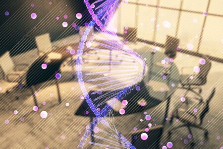 Double exposure of DNA hologram on conference room background. Concept of educationの写真素材