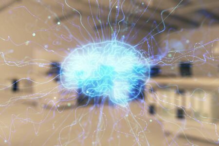Human brain drawing with office interior on background. Double exposure. Concept of innovation.