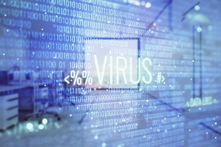 Hacking theme hologram with office interior on background. Double exposure. Concept of cyber piracyの写真素材