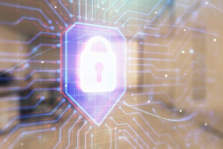 Lock icon drawing with office interior on background. Double exposure. Concept of data security