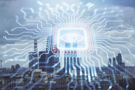 Double exposure of abstract technology drawing on cityscape background. Concept of tech innovationの写真素材
