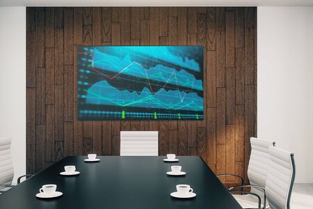 Conference room interior with financial chart on screen monitor on the wall. Stock market analysis concept. 3d rendering.の写真素材