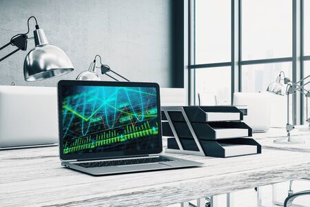 Cabinet desktop interior with financial charts and graphs on computer screen. Concept of stock market analysis and trading. 3d rendering.の写真素材