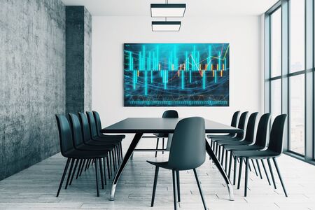 Conference room interior with financial chart on screen monitor on the wall. Stock market analysis concept. 3d rendering.の写真素材