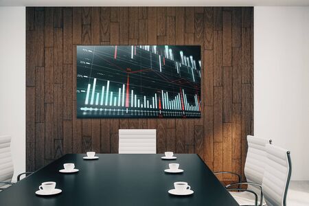 Conference room interior with financial chart on screen monitor on the wall. Stock market analysis concept. 3d rendering.の写真素材