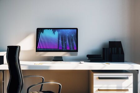 Cabinet desktop interior with financial charts and graphs on computer screen. Concept of stock market analysis and trading. 3d rendering.の写真素材
