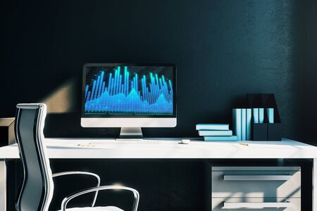 Cabinet desktop interior with financial charts and graphs on computer screen. Concept of stock market analysis and trading. 3d rendering.の写真素材