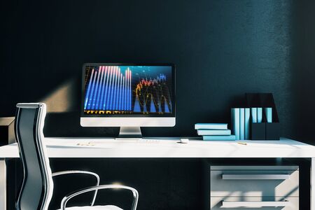 Cabinet desktop interior with financial charts and graphs on computer screen. Concept of stock market analysis and trading. 3d rendering.の写真素材