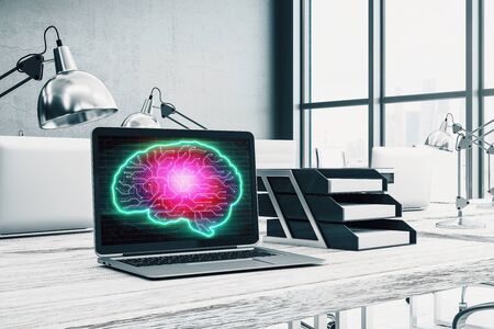 Desktop interior with computer, table and chair. Data theme brain drawing on screen. 3d rendering.の写真素材