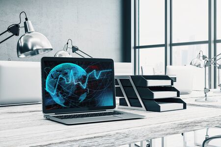 Cabinet desktop interior with financial charts and world map on computer screen. Concept of international market analysis and trading. 3d rendering.の写真素材