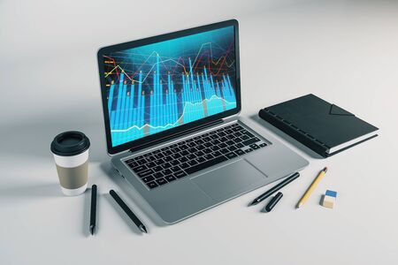 Laptop closeup with forex graph on computer screen. Financial trading and education concept. 3d rendering.の写真素材