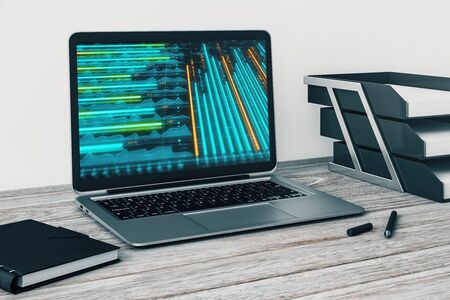 Laptop closeup with forex graph on computer screen. Financial trading and education concept. 3d rendering.の写真素材