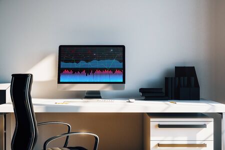 Cabinet desktop interior with financial charts and graphs on computer screen. Concept of stock market analysis and trading. 3d rendering.の写真素材