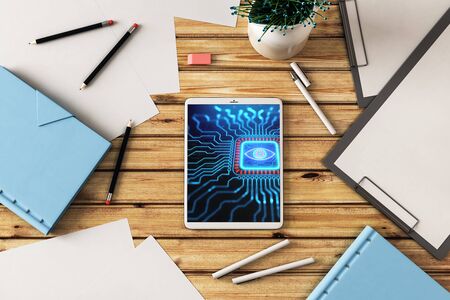 Digital tablet closeup top view with tech pic on screen. Online technology concept. 3d rendering.の写真素材