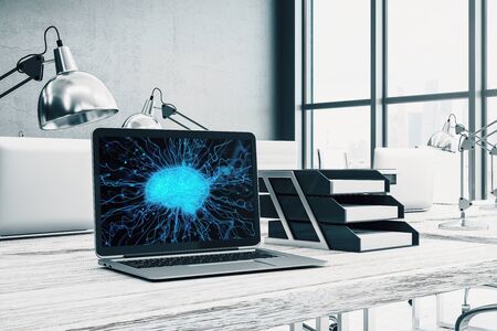 Desktop interior with computer, table and chair. Data theme brain drawing on screen. 3d rendering.の写真素材