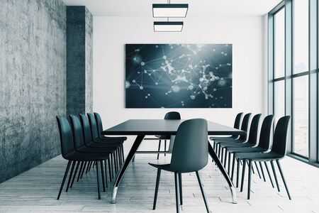 Conference room interior with abstract technology picture on screen monitor on the wall. Data innovation concept. 3d rendering.の写真素材