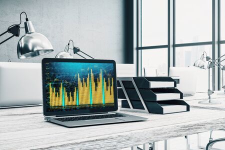 Cabinet desktop interior with financial charts and graphs on computer screen. Concept of stock market analysis and trading. 3d rendering.の写真素材