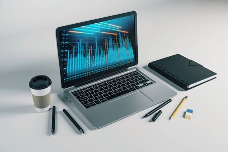 Laptop closeup with forex graph on computer screen. Financial trading and education concept. 3d rendering.の写真素材