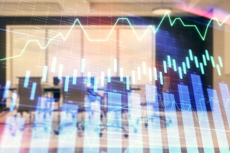 Double exposure of forex chart on conference room background. Concept of stock market analysisの写真素材