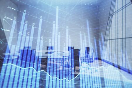 Multi exposure of stock market graph on conference room background. Concept of financial analysisの写真素材