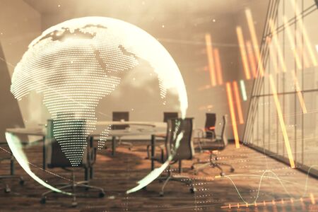 Double exposure of stock market graph with globe hologram on conference room background. Concept of international financeの写真素材