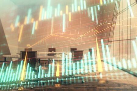 Multi exposure of stock market graph on conference room background. Concept of financial analysisの写真素材