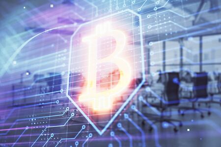 Cryptocurrency theme drawing with office interior background. Double exposure. Concept of blockchain.の写真素材
