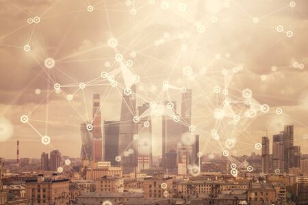 Double exposure of abstract technology drawing on cityscape background. Concept of tech innovation