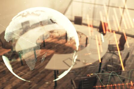 Double exposure of stock market graph with globe hologram on conference room background. Concept of international financeの写真素材
