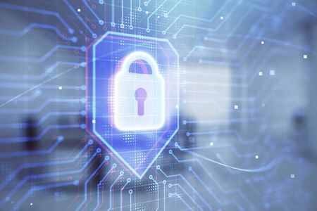 Lock icon drawing with office interior on background. Double exposure. Concept of data security