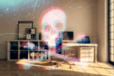 Cyber piracy hologram with minimalistic cabinet interior background. Double exposure. Hacking...