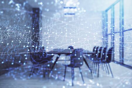 Double exposure of technlogy theme abstract hologram on conference room background. Concept of hightechの写真素材