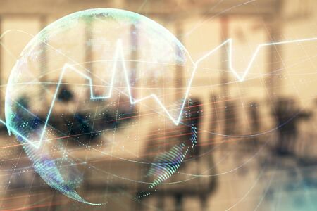 Stock and bond market graph and world map with trading desk bank office interior on background....