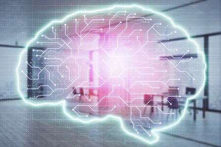 Human brain drawing with office interior on background. Double exposure. Concept of innovation.