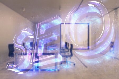 SEO icon hud with office interior on background. Double exposure. Concept of data searchの写真素材