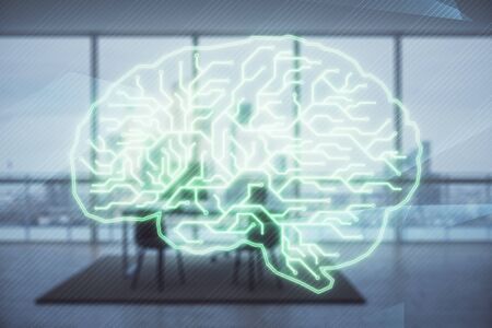 Brain sign hologram with minimalistic cabinet background. Double exposure. Ai concept.の写真素材