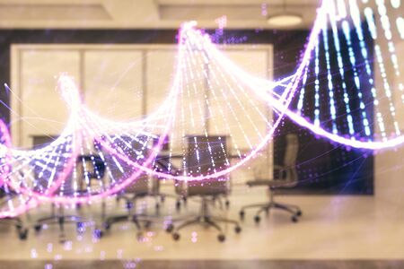 Double exposure of DNA hologram on conference room background. Concept of educationの写真素材