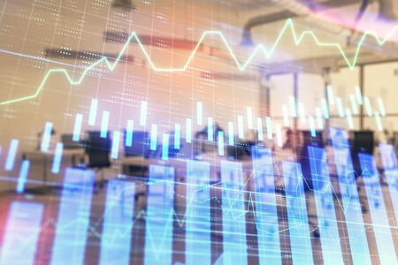 Stock and bond market graph with trading desk bank office interior on background. Multi exposure. Concept of financial analysisの写真素材