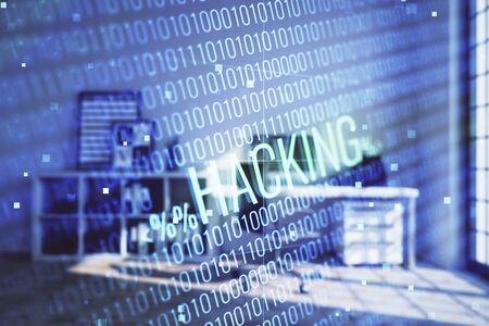 Cyber piracy hologram with minimalistic cabinet interior background. Double exposure. Hacking concept.の写真素材