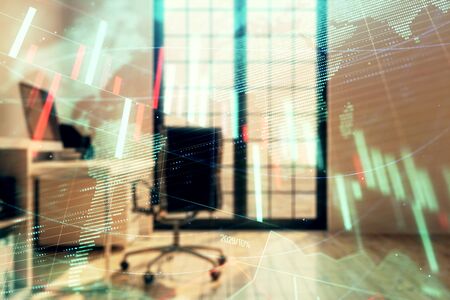 Forex chart hologram with map and minimalistic cabinet interior background. Double exposure. International business concept.の写真素材