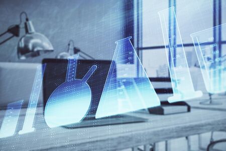 Laboratory flasks sketch hologram with desktop office background. Double exposure. Concept of...