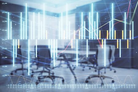 Multi exposure of stock market graph on conference room background. Concept of financial analysis
