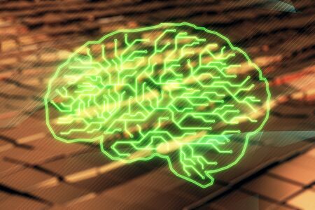Brain drawing hologram with abstract background. Multi exposure. Data technology concept.