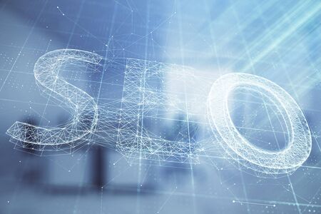 SEO icon hud with office interior on background. Double exposure. Concept of data search