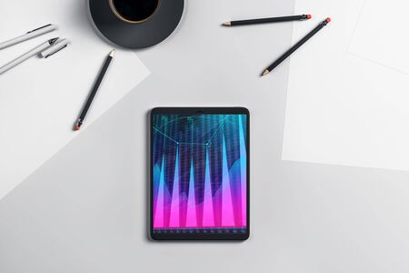 Digital tablet closeup top view with financial graph on screen. Online trading application concept. 3d rendering.の写真素材